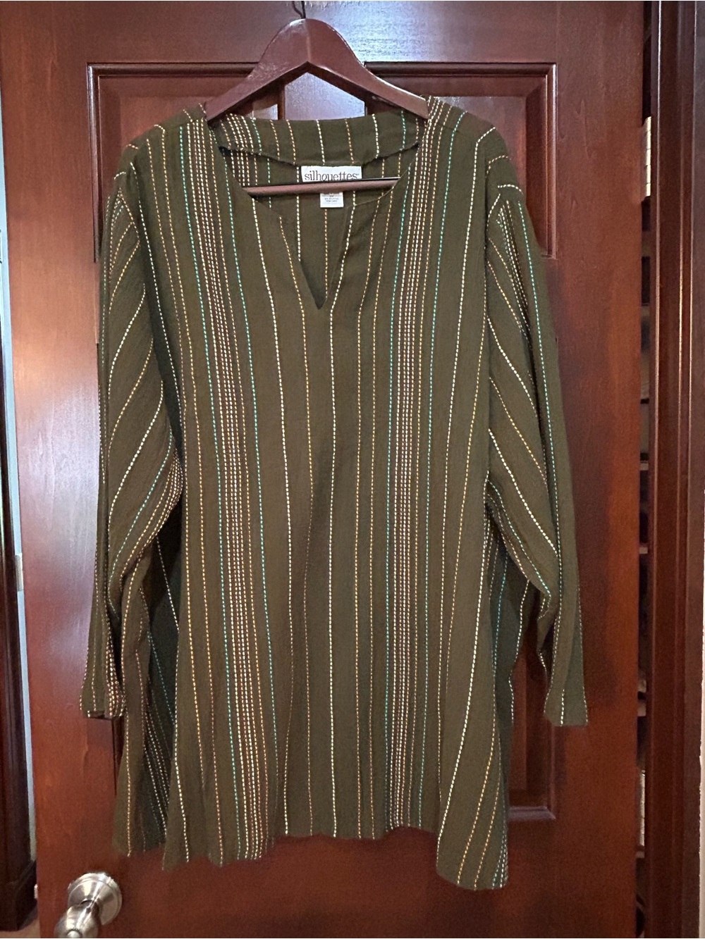 Silhouette 3X Olive Green Cotton Striped Long Sleeve Tunic Boho